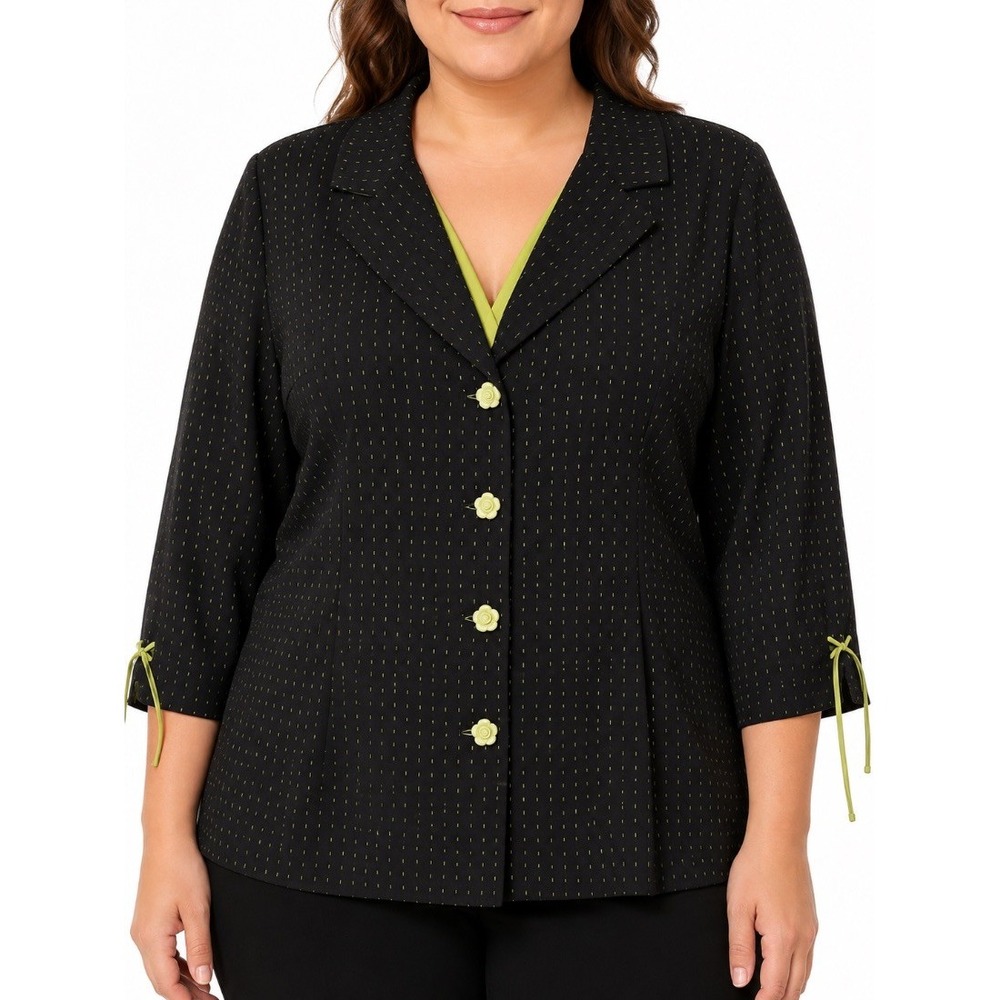 Dressbarn Woman Plus 20W Black Lime Green Dot Blazer Jacket Floral Buttons
